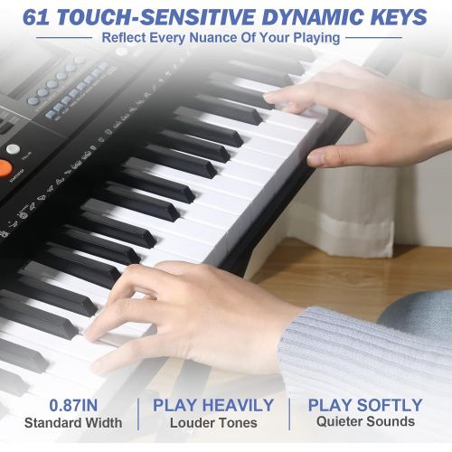  [아마존베스트]Mustar 61 Full Size Touch Keys Piano Keyboard, Portable Electronic Music Keyboard Kit with Stand, Stool, Microphone,Headphone & Power Supply,