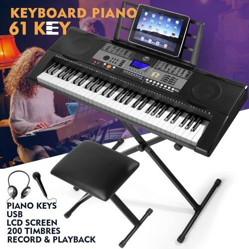  [아마존베스트]Mustar 61 Full Size Touch Keys Piano Keyboard, Portable Electronic Music Keyboard Kit with Stand, Stool, Microphone,Headphone & Power Supply,