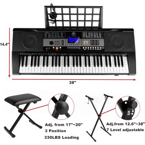  [아마존베스트]Mustar 61 Full Size Touch Keys Piano Keyboard, Portable Electronic Music Keyboard Kit with Stand, Stool, Microphone,Headphone & Power Supply,