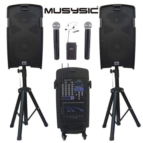  MUSYSIC M-Port PA2K 2000W Portable PA System 2x10 Speakers Dual UHF Wireless Mic Rechargeable Battery Bluetooth