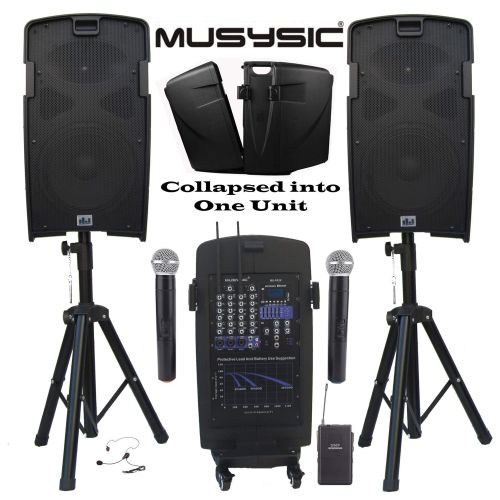  MUSYSIC M-Port PA2K 2000W Portable PA System 2x10 Speakers Dual UHF Wireless Mic Rechargeable Battery Bluetooth