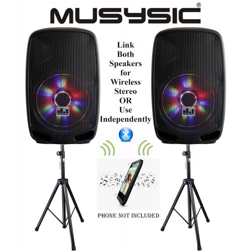  Pair (2 Pcs) of MUSYSIC Professional 4000W Power Stereo 15 Speakers Bluetooth DJ PA Karaoke - Link Both Wirelessly