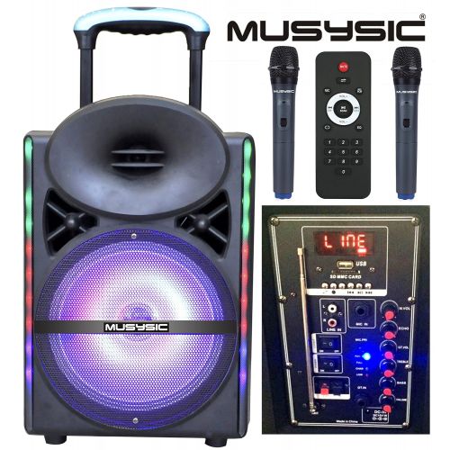  MUSYSIC Professional 1200W 12 Speaker PA System Dual UHF Wireless Mic Bluetooth LCD Lights Rechargeable MU-17D