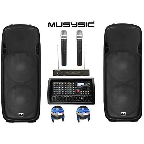  MUSYSIC Complete Professional 4500 Watts PA System 8-CH Mixer Dual 15 Speakers Wireless Mics