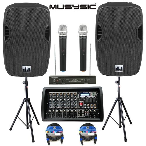  MUSYSIC Complete Professional 4500 Watts PA System 8-CH Mixer 2pc 15 Speakers Wireless Mics