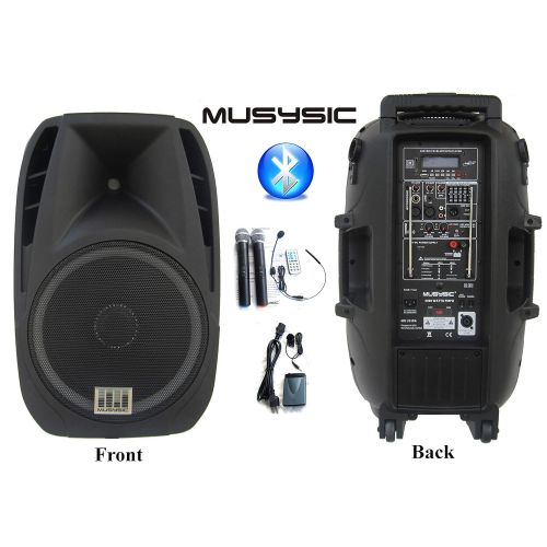  MUSYSIC Professional 2000 Watts Portable 15 PA System Speaker Bluetooth Dual UHF Wireless Mics Bluetooth Recording Rechargeable Battery MU-U15PA
