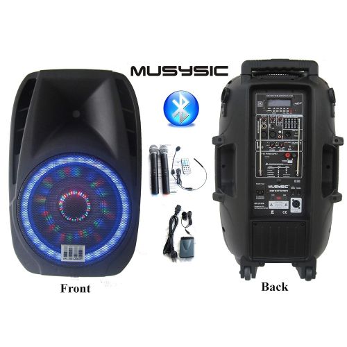  MUSYSIC Professional 2000 Watts Portable 15 PA System Speaker Bluetooth Dual UHF Wireless Mics Bluetooth Recording Rechargeable Battery MU-U15PA