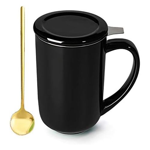  [아마존베스트]MUZITY Tea Mug with Stainless Steel Spoon, Infuser and Lid - Ceramics Loose Leaf Tea Steeping Cups for Office and Home, 16OZ (Black)