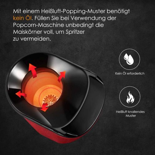  MVPower Popcornmaschine, 1400W Automatische Popcorn Maker, Leistungsstarkes Heissluft Ohne OEl, Abnehmbarem Deckel und BPA-Frei, fuer Zuhause