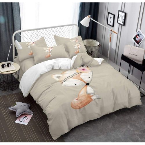  [아마존베스트]M/X Yellow Fox Bedding Set Girl Cartoon Small Animal Flower Print Quilt Set 4 Piece Set Double Full Queen Bedding Set 3 Piece Set