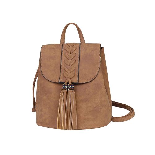  MXKJ-STORE Lady Backpack Casual Rucksack for Women Bohemia Small Bag Waterproof PU with Tassel Vintage Ethnic Style Backpack for Traveling, Shopping, Dating, Party, Holidays (Brown)