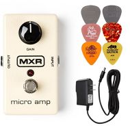 MXR M133 Micro Amp Booster Effects Pedal BUNDLE with AC/DC Adapter Power Supply for 9 Volt DC 1000mA and 6 Assorted Dunlop Guitar Picks …