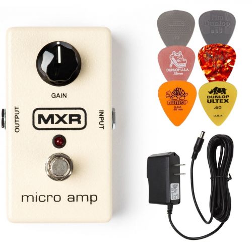  MXR M133 Micro Amp Booster Effects Pedal BUNDLE with AC/DC Adapter Power Supply for 9 Volt DC 1000mA and 6 Assorted Dunlop Guitar Picks …