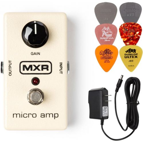  MXR M133 Micro Amp Booster Effects Pedal BUNDLE with AC/DC Adapter Power Supply for 9 Volt DC 1000mA and 6 Assorted Dunlop Guitar Picks …