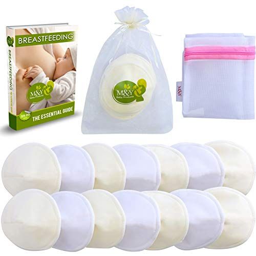  [아마존베스트]M&Y Organic Nursing Pads (14-Pack + 3 Bonuses), Reusable and Washable Breastfeeding Pads, Contoured, Medium (3.7 in), White/Beige