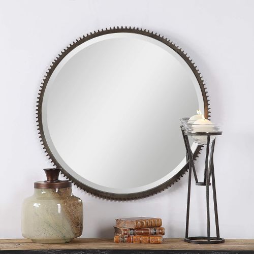  MY SWANKY HOME Luxe Bronze Industrial Gear Retro Frame Wall Mirror | Distressed Round Vanity