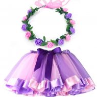 MY-PRETTYGS Layered Tulle Ballet Rainbow Tutu Skirt with Flower Crown Wreath Headband