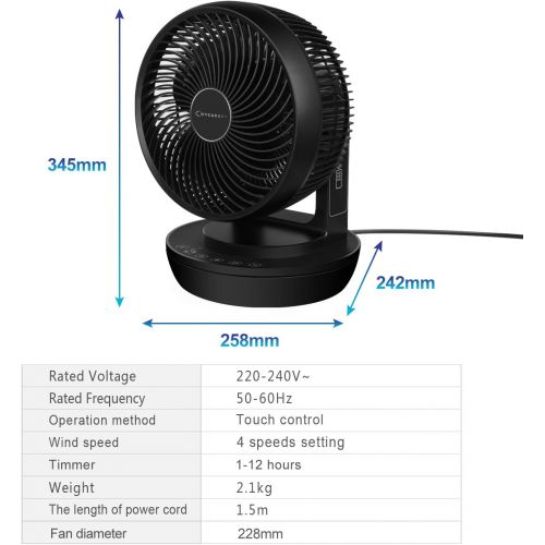  [아마존베스트]Mycarbon Quiet Turbo Fan and 3D Air Circulator for 30m², Eco-Mode Air Conditioning Unit, 80% More Efficiency, 12-Hour Timer, Table Fan with Remote Control, black