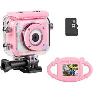 MYPIN Waterproof Camera for Kids, Digital Rechargeable Action Camera for Kids 3-13 Years Old Girls Boys Christmas Birthday Gifts with 32GB TF Card and Anti-Fall Silicone Case (Pink)