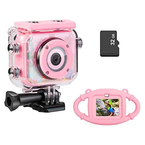  MYPIN Waterproof Camera for Kids, Digital Rechargeable Action Camera for Kids 3-13 Years Old Girls Boys Christmas Birthday Gifts with 32GB TF Card and Anti-Fall Silicone Case (Pink)