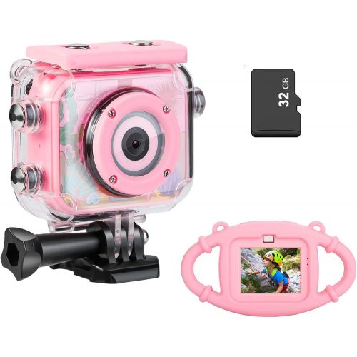  MYPIN Waterproof Camera for Kids, Digital Rechargeable Action Camera for Kids 3-13 Years Old Girls Boys Christmas Birthday Gifts with 32GB TF Card and Anti-Fall Silicone Case (Pink)