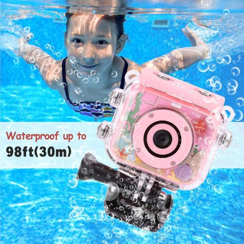  MYPIN Waterproof Camera for Kids, Digital Rechargeable Action Camera for Kids 3-13 Years Old Girls Boys Christmas Birthday Gifts with 32GB TF Card and Anti-Fall Silicone Case (Pink)