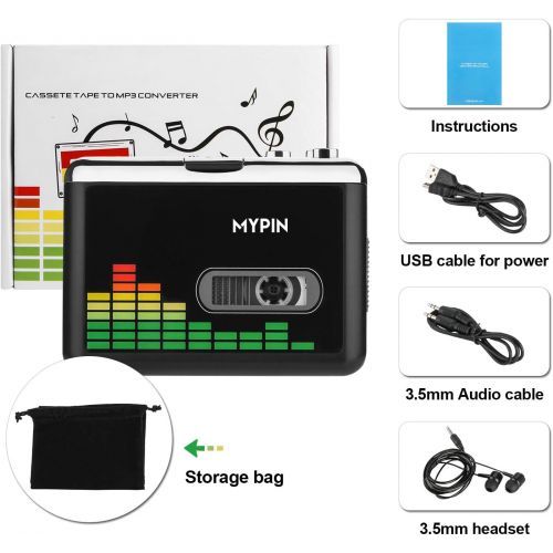  [아마존베스트]MYPIN USB Cassette to MP3 Converter, Portable Walkman Cassette Audio Music Player Tape-to-MP3 Converter with Earphones, Volume Control, No PC Required
