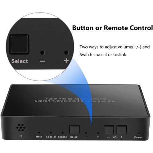  MYPIN Digital to Analog Audio Converter with Remote, 192KHz/24bit Digital Coaxial Toslink to Analog L/R RCA 3.5mm Audio with Both Toslink Cable and Coaxial Cable