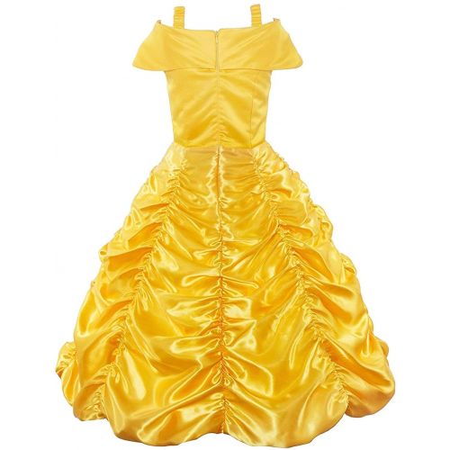  MYZLS Belle Princess Layered Costumes Girls Cosplay Party Dress up Shoulder Outfits Yellow,Crown + Scepter