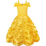 MYZLS Belle Princess Layered Costumes Girls Cosplay Party Dress up Shoulder Outfits Yellow,Crown + Scepter
