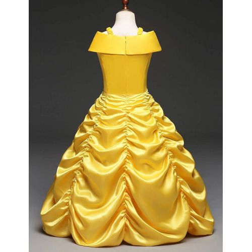  MYZLS Belle Princess Layered Costumes Girls Cosplay Party Dress up Shoulder Outfits Yellow,Crown + Scepter