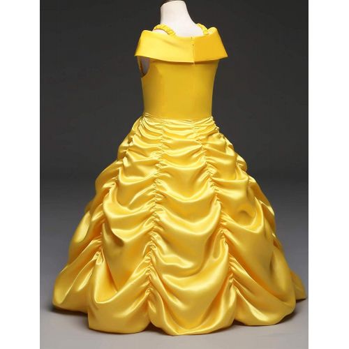  MYZLS Belle Princess Layered Costumes Girls Cosplay Party Dress up Shoulder Outfits Yellow,Crown + Scepter