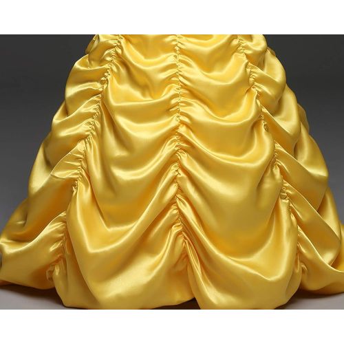  MYZLS Belle Princess Layered Costumes Girls Cosplay Party Dress up Shoulder Outfits Yellow,Crown + Scepter