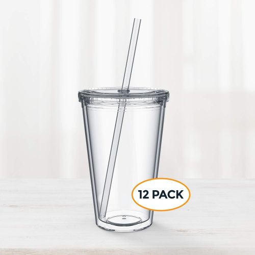  [아마존베스트]Maars Drinkware Bulk Double Wall Insulated Acrylic Tumblers with Straw and Lid (Set of 12), 16 oz, Clear