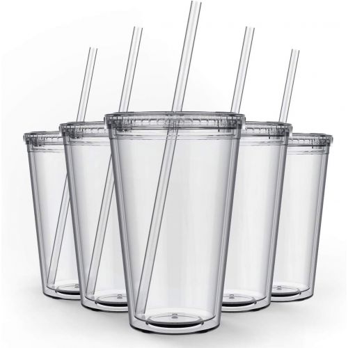  [아마존베스트]Maars Drinkware Bulk Double Wall Insulated Acrylic Tumblers with Straw and Lid (Set of 12), 16 oz, Clear