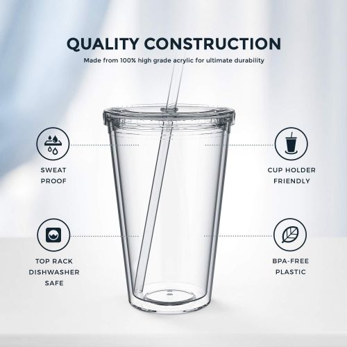  [아마존베스트]Maars Drinkware Bulk Double Wall Insulated Acrylic Tumblers with Straw and Lid (Set of 12), 16 oz, Clear