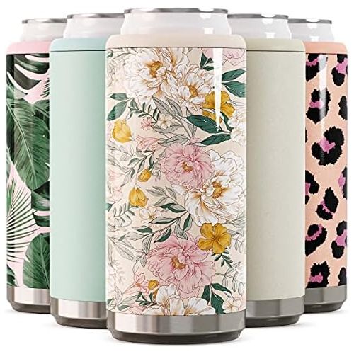  [아마존베스트]Maars Drinkware Maars Skinny Can Cooler for Slim Beer & Hard Seltzer | Stainless Steel 12oz Koozy Sleeve, Double Wall Vacuum Insulated Drink Holder - Blush Floral