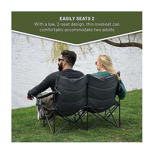  MacSports C932S-129 Padded Cushion Outdoor Folding Lounge Patio Club Chair, Gray & Timber Ridge 2 Person Folding Loveseat Comfortable Double Foldable Camping Chair Folding Lawn Chairs