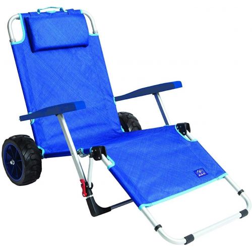  MacSports 2 in 1 Outdoor Beach Cart + Folding Lounge Chair w/Lock Tanning, Sunbathing, Lounging, Pool, Backyard, Porch Portable, Collapsible with All Terrain Wheels Blue w/Lock