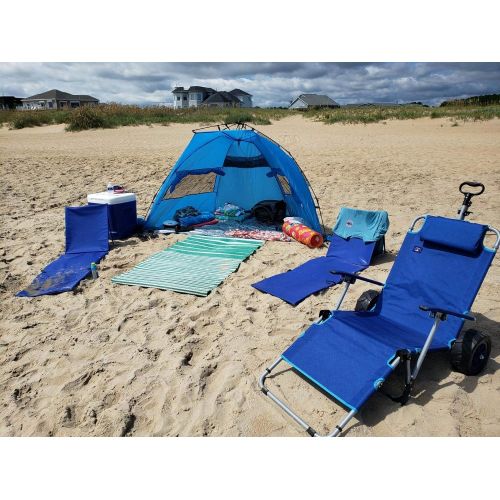  MacSports 2 in 1 Outdoor Beach Cart + Folding Lounge Chair w/Lock Tanning, Sunbathing, Lounging, Pool, Backyard, Porch Portable, Collapsible with All Terrain Wheels Blue w/Lock