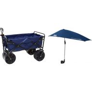 Mac Sports Heavy Duty Collapsible Folding All Terrain Utility Beach Wagon Cart, Blue/Black & Sport-Brella Versa-Brella 4-Way Swiveling Sun Umbrella (Midnight Blue), 38x39