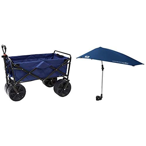  Mac Sports Heavy Duty Collapsible Folding All Terrain Utility Beach Wagon Cart, Blue/Black & Sport-Brella Versa-Brella 4-Way Swiveling Sun Umbrella (Midnight Blue), 38x39