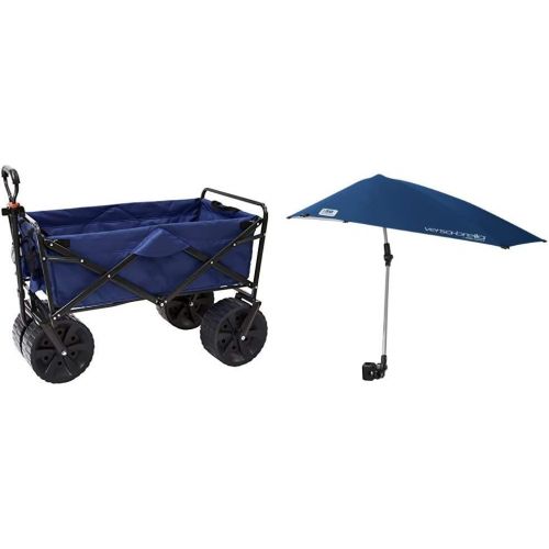  Mac Sports Heavy Duty Collapsible Folding All Terrain Utility Beach Wagon Cart, Blue/Black & Sport-Brella Versa-Brella 4-Way Swiveling Sun Umbrella (Midnight Blue), 38x39