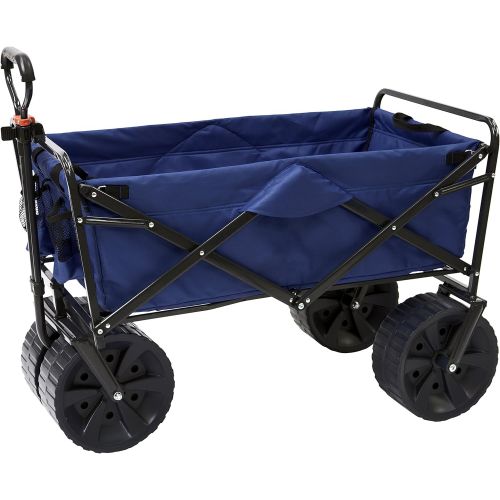  Mac Sports Heavy Duty Collapsible Folding All Terrain Utility Beach Wagon Cart, Blue/Black & Sport-Brella Versa-Brella 4-Way Swiveling Sun Umbrella (Midnight Blue), 38x39