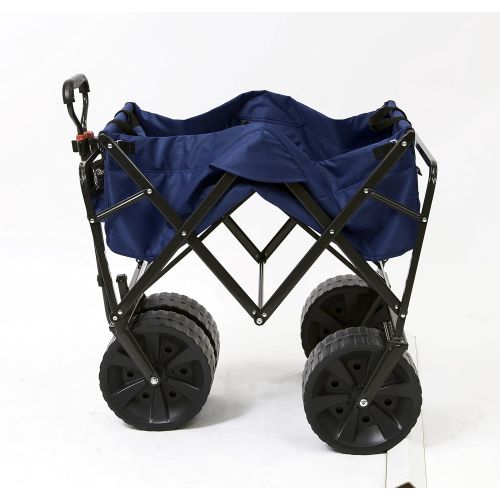  Mac Sports Heavy Duty Collapsible Folding All Terrain Utility Beach Wagon Cart, Blue/Black & Sport-Brella Versa-Brella 4-Way Swiveling Sun Umbrella (Midnight Blue), 38x39