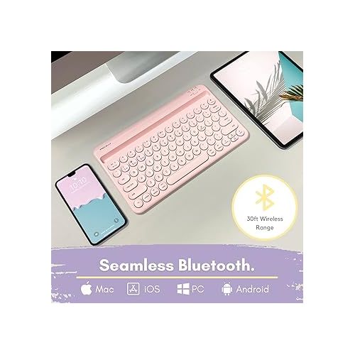  Macally Small Bluetooth Keyboard for Tablet and Phone - Multi Device Wireless Keyboard for iPhone iPad Android - Rechargeable Bluetooth Tablet Keyboard with Stand - Pink