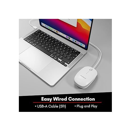  Macally USB Wired Mouse for Mac and Windows - Simple 3 Button Corded Computer Mouse Wired, Scroll Wheel Layout with Long Wire Cord - Plug and Play USB Mouse Wired for Laptop, PC Desktop, Notebook