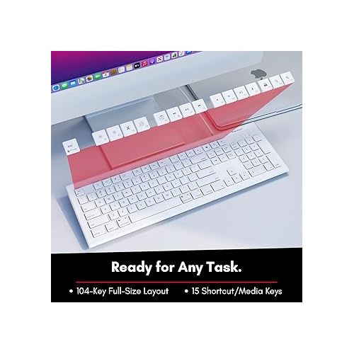  Macally Full Size USB Wired Keyboard for Mac and PC - Plug & Play Wired Computer Keyboard - Compatible Apple Keyboard with 15 Shortcut Keys for Easy Controls & Navigation of Macbook Pro/Air, iMac