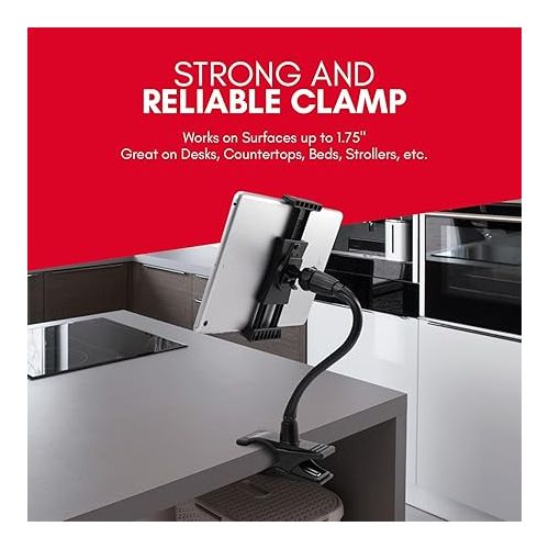  Macally Adjustable Gooseneck Tablet Holder & Phone Clip - Works with Phones & Tablets up to 8” - Flexible Phone Holder & Tablet Mount with Clip On Clamp for Desks up to 1.75” Thick (CLIPMOUNT),Black