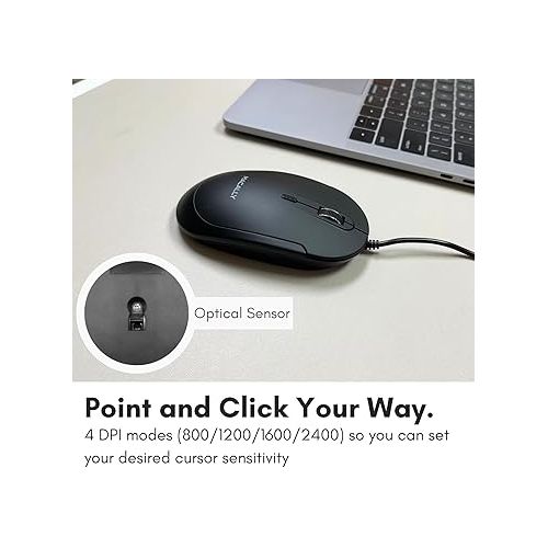  Computer Mouse Wired, Macally Silent USB Mouse - Slim & Compact USB Mouse for Apple Mac or Windows PC Laptop/Desktop - Designed with Optical Sensor & DPI Switch - Simple - Black